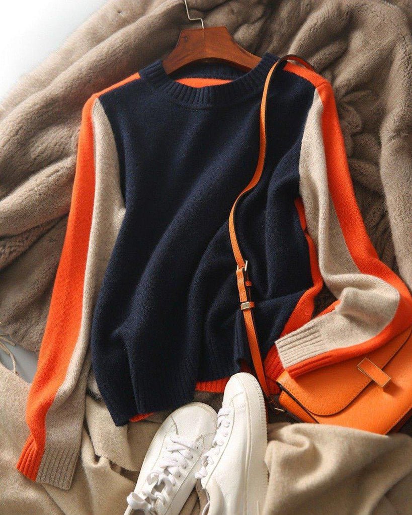 Vera - Navy Blue and Orange Sweater with Retro Stripes