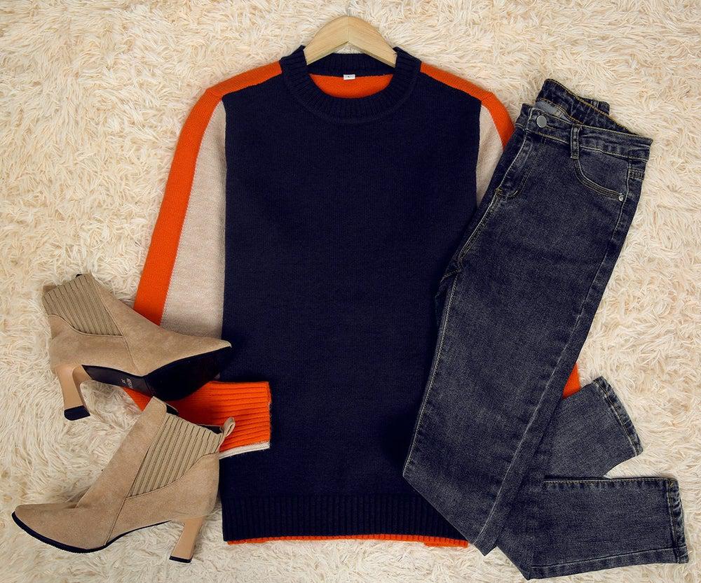 Vera - Navy Blue and Orange Sweater with Retro Stripes