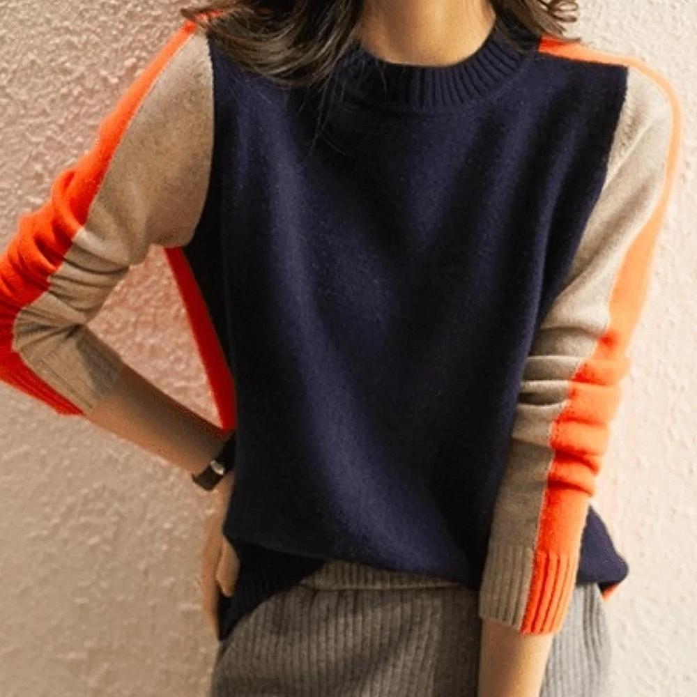 Vera - Navy Blue and Orange Sweater with Retro Stripes