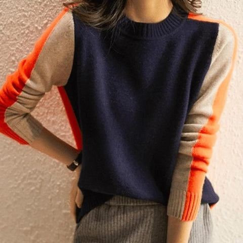 Vera - Navy Blue and Orange Sweater with Retro Stripes