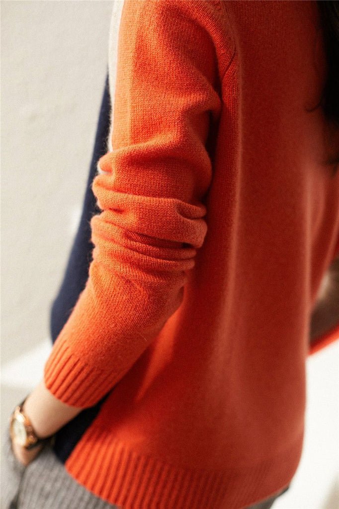 Vera - Navy Blue and Orange Sweater with Retro Stripes