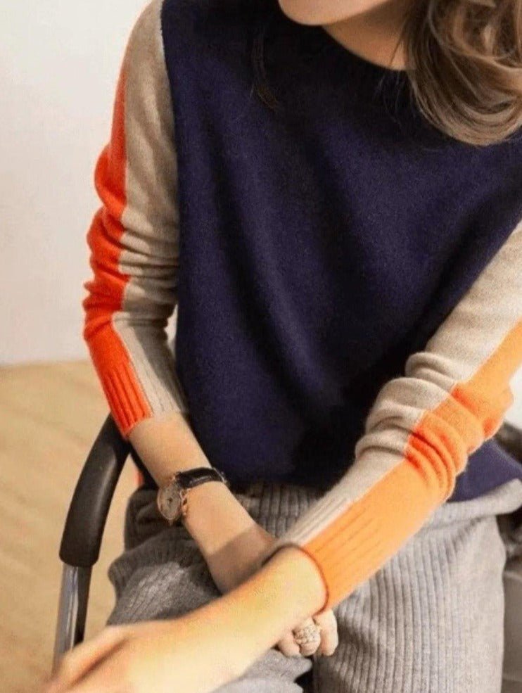 Vera - Navy Blue and Orange Sweater with Retro Stripes