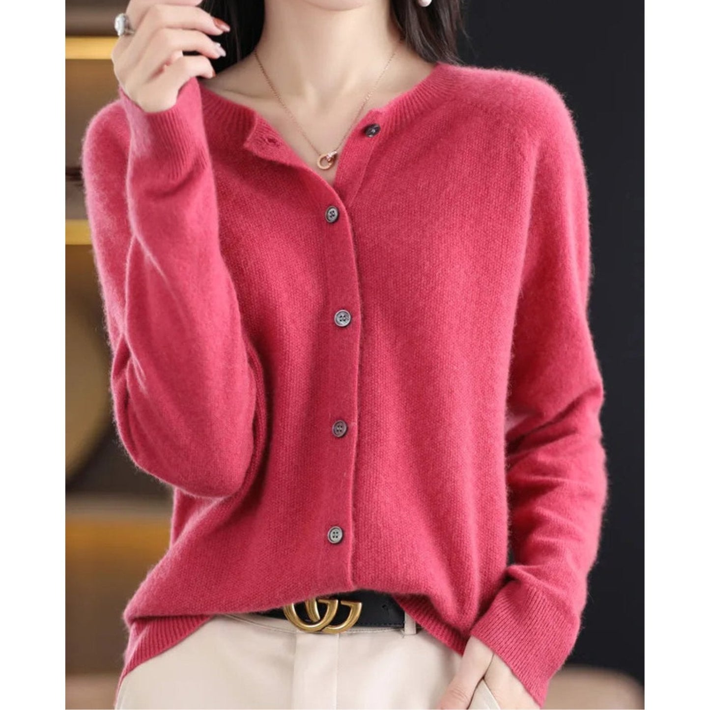 Pure Wool Ladies O-neck Cardigan Sweater