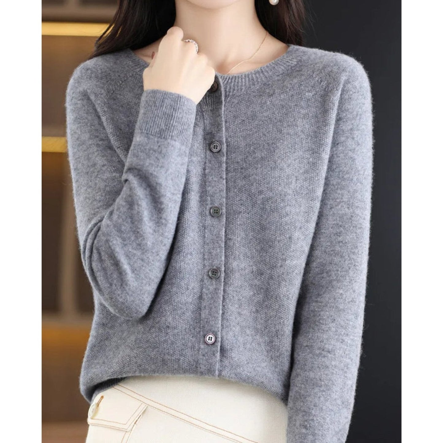 Pure Wool Ladies O-neck Cardigan Sweater