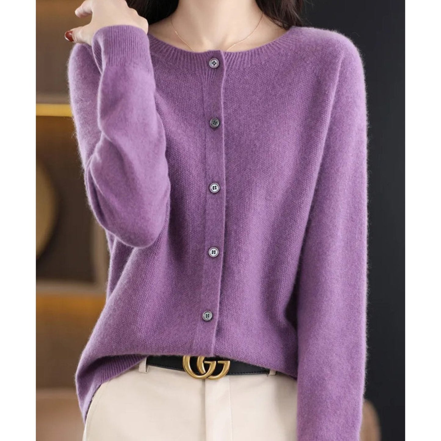 Pure Wool Ladies O-neck Cardigan Sweater