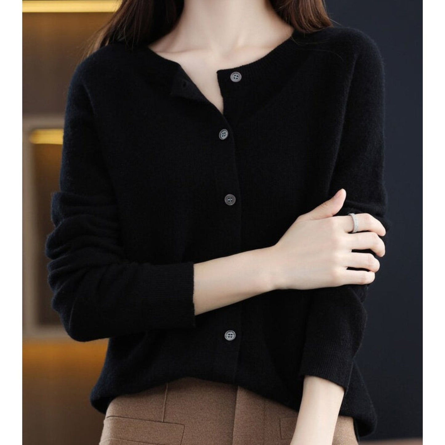Pure Wool Ladies O-neck Cardigan Sweater